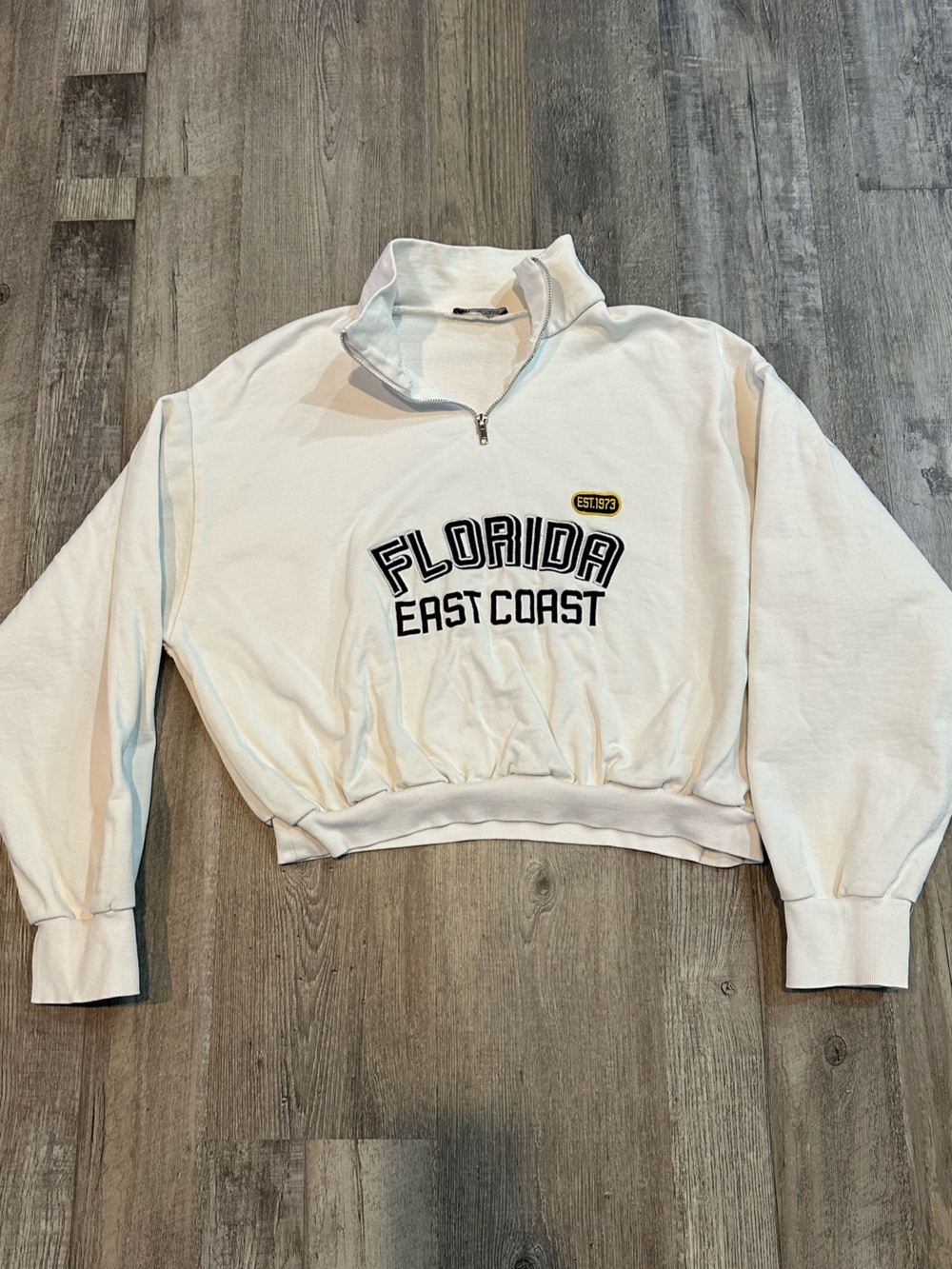 Zara White Cropped Quarter-Zip Sweatshirt with 'Florida East Coast' Print